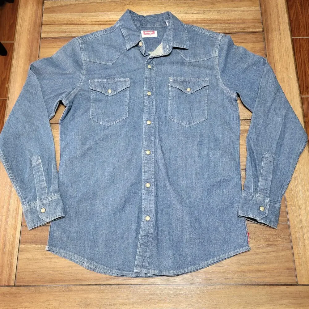 Wrangler Blue Denim LS Pearl Snap Western Shirt - Size Medium